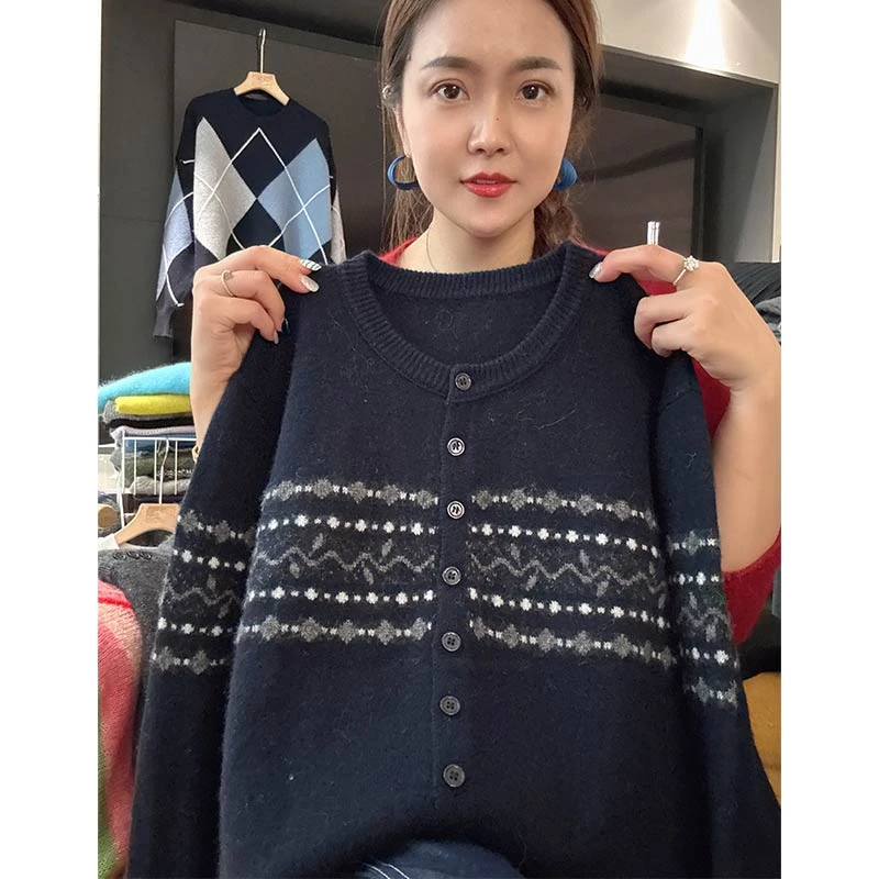 灰藤蔓开衫」高级质感！复古民族风提花圆领休闲毛针织开衫-5322