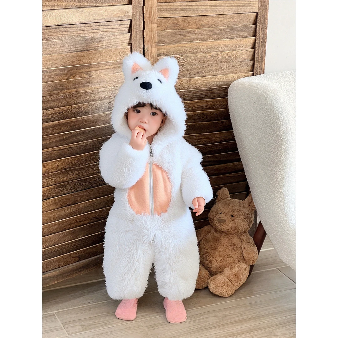 婴幼儿连体衣毛绒拉链卡通婴儿冬季长袖外套长爬哈衣加厚毛毛衣sk