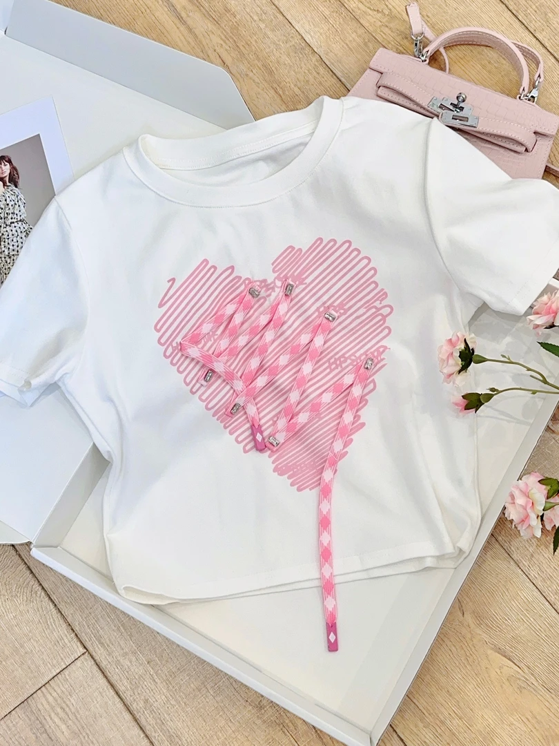 琳心丨春夏新款爱心印花穿绳圆领T恤 MDY7001