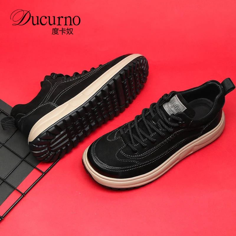 度卡奴休闲皮鞋2025新款冬季高端男鞋厚底舒适轻便黑色高帮鞋男