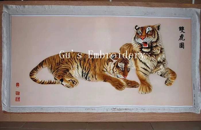 95*155苏绣精品，刺绣老虎，顾氏手工双虎图，刺绣软表