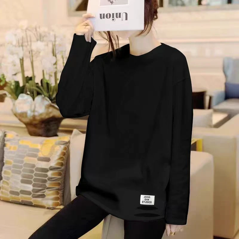 春秋女士中长款t恤2025新款韩版遮屁股长袖百搭爆款宽松显瘦上衣