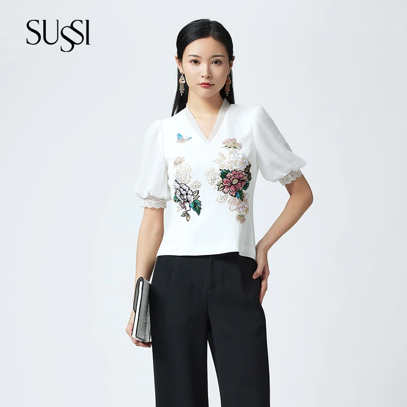 SUSSI/古色“港风简约”夏季高定中式白色气质手工刺绣泡泡袖短袖