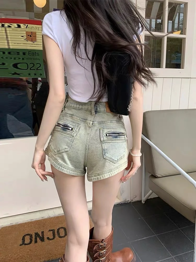 美式复古辣妹牛仔短裤女夏季梨形身材高腰显瘦设计感a字包臀热裤