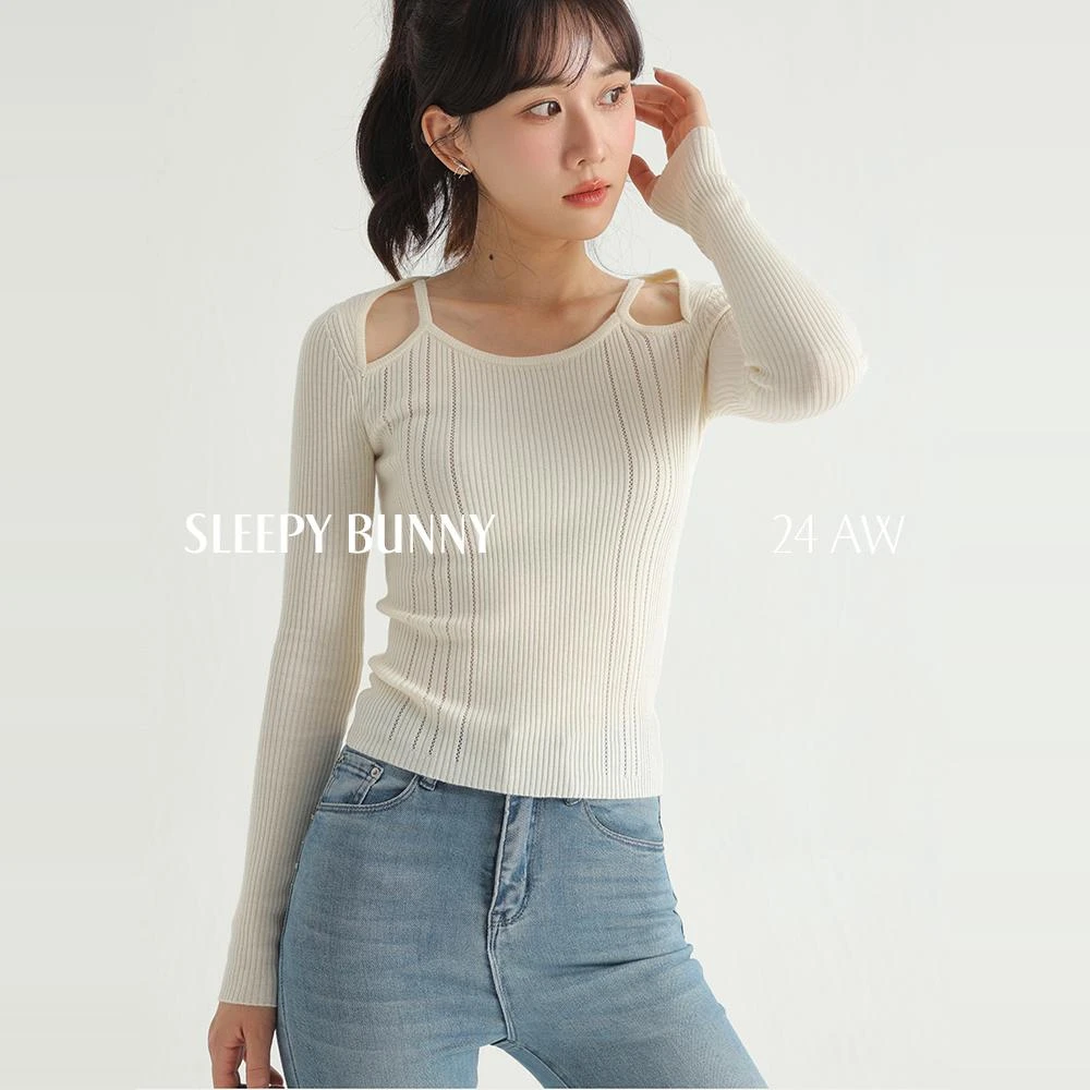 I瞌睡兔【清苍】镂空针织衫露锁骨简约百搭修身显瘦气质上衣245100