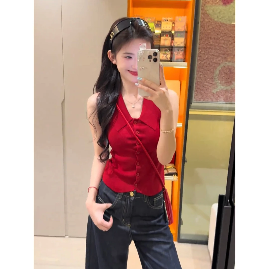 复古红色polo领无袖气质针织T恤女修身显瘦百搭上衣