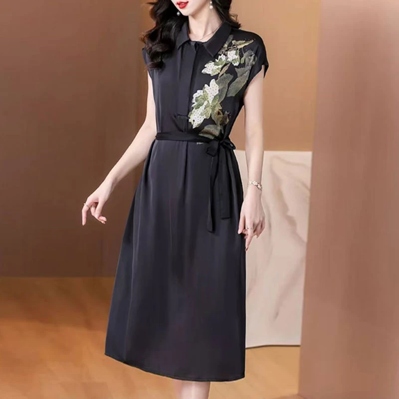 玄裳花韵 气质中长款秋季时连衣裙百搭遮肉裙子