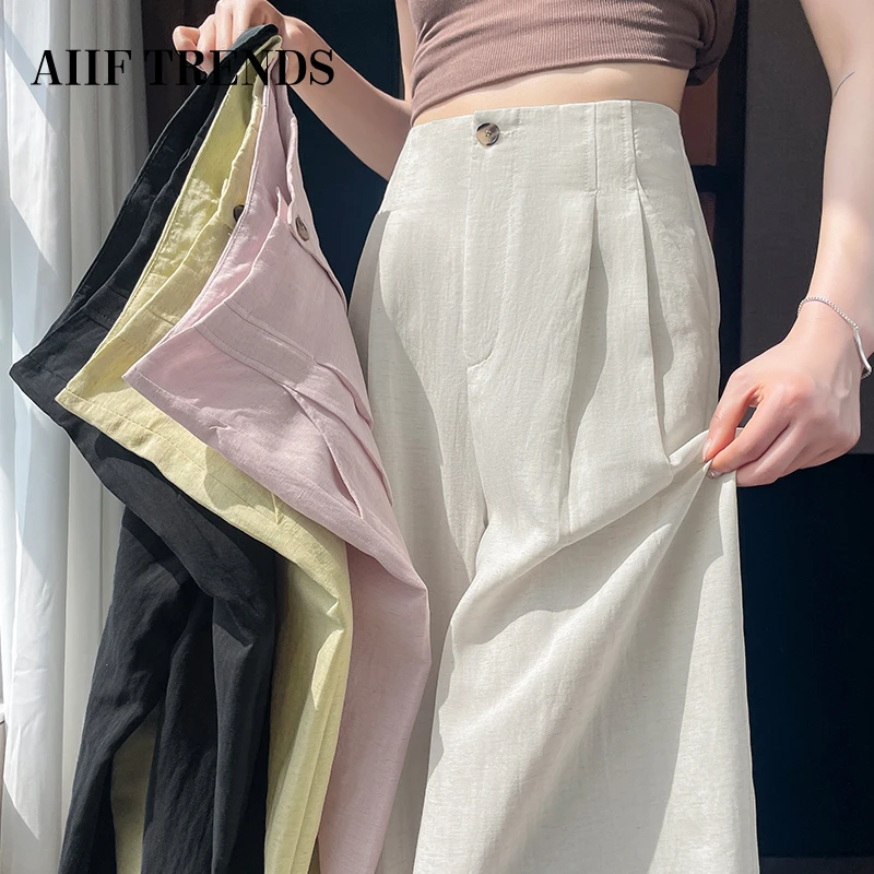 白色天丝亚麻阔腿裤女夏薄款不透高腰宽松抗皱垂感冰丝防晒西装裤