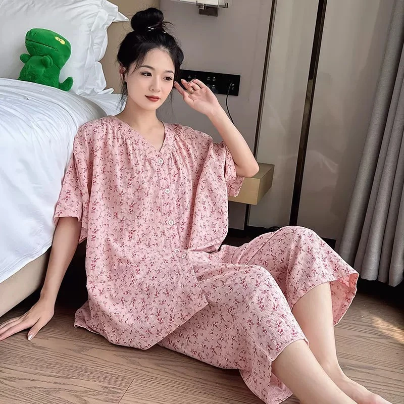 加肥加大胖MM夏季新款短袖七分裤睡衣薄款家居服可外穿200斤套装