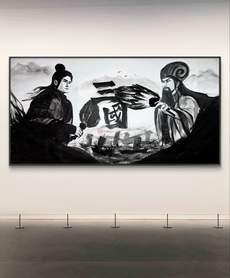 装饰挂画高清《三国赤壁之战》诸葛亮周瑜丙烯画水墨风格装饰画大气