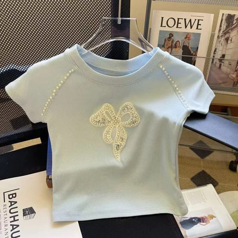 【陈思晨】女童珍珠蝴蝶结短袖T恤2025夏季新款T恤儿童半袖百搭上衣