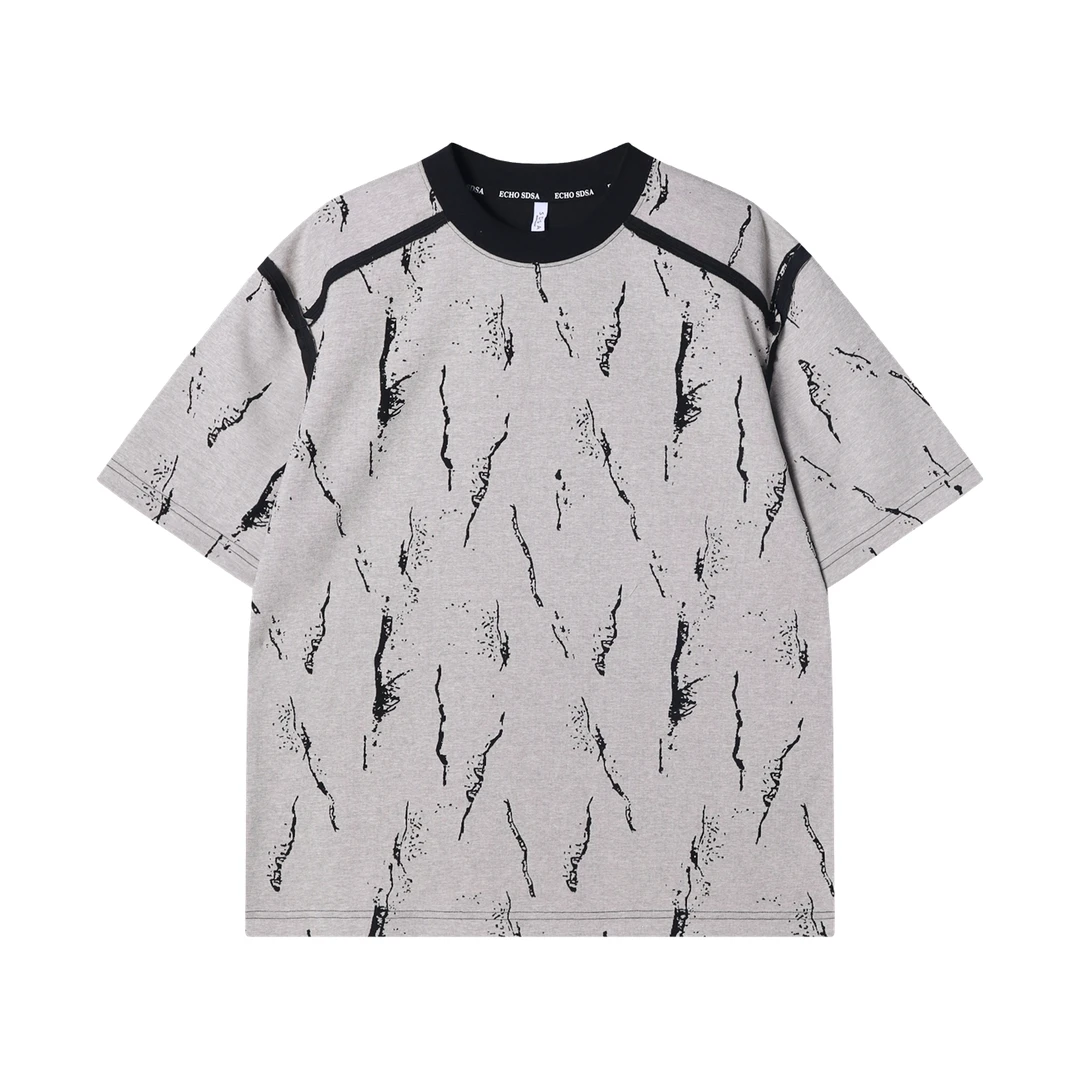 夏季高级感新款韩版撞色压线圆领短袖T恤休闲宽松潮流印花上衣