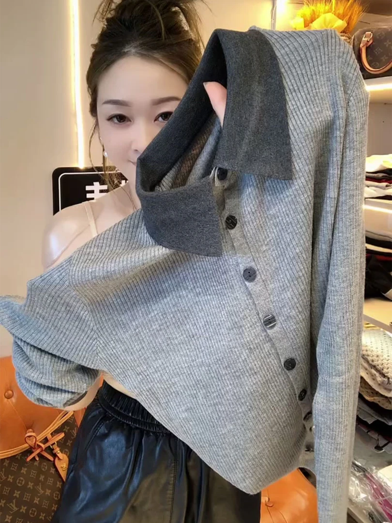 百搭灰色长袖针织开衫气质休闲极简风翻领排扣薄款外套女早秋2025