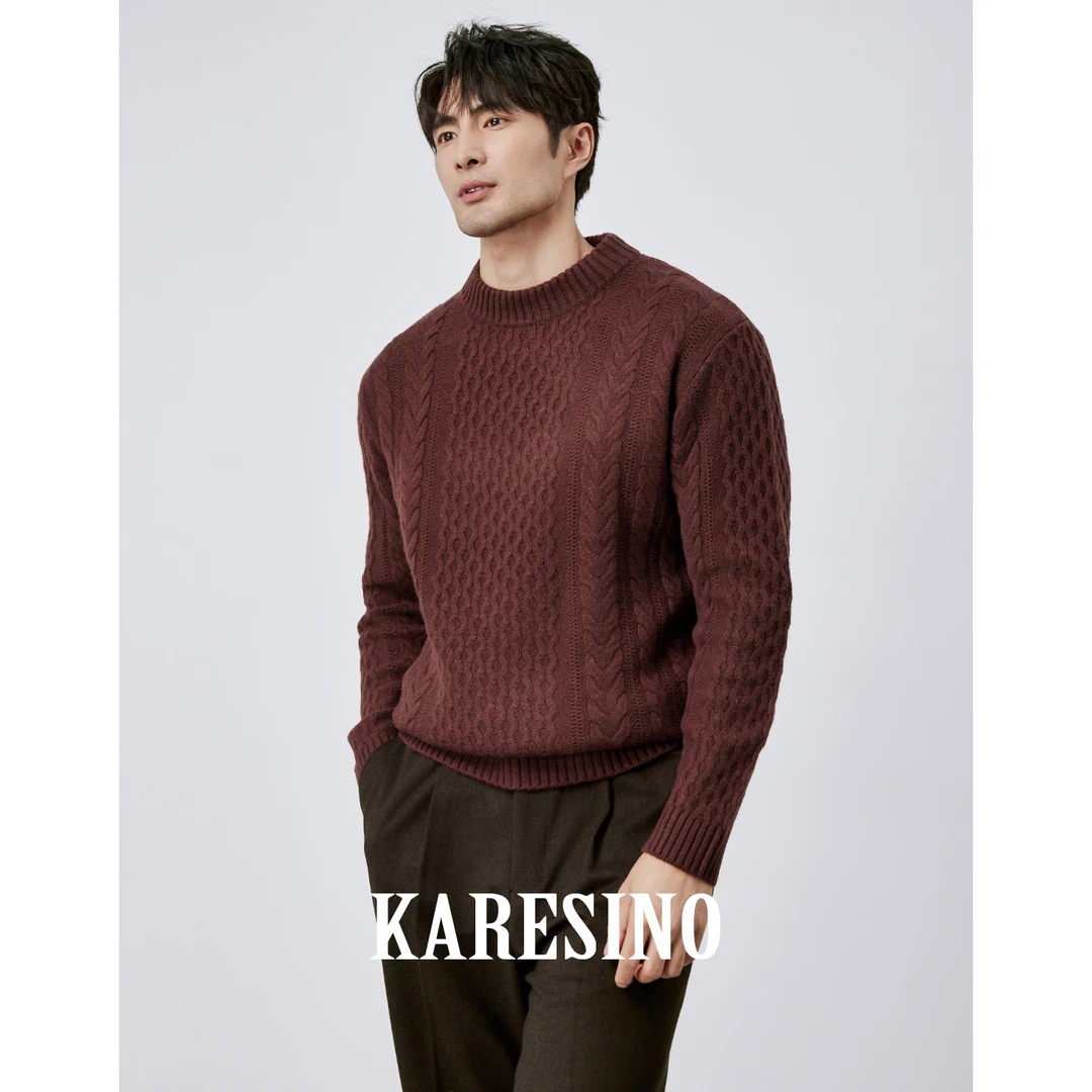 KARESINO冬季保暖100％纯羊毛 男士提花圆领套头针织毛衣男羊毛衫