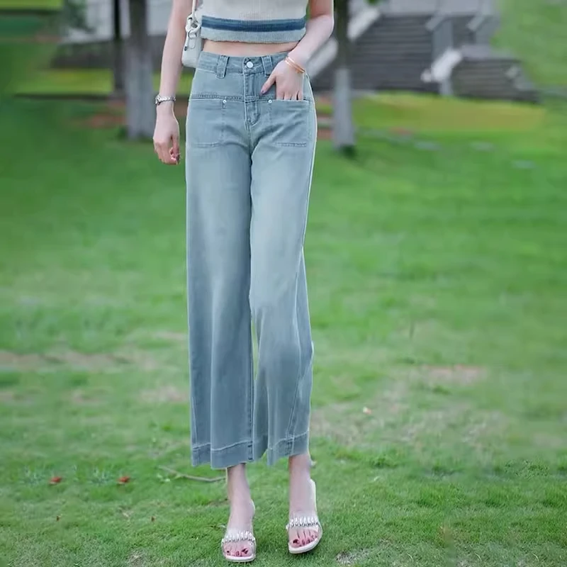 拉夏贝尔牛仔裤女夏季薄款2025新款高腰垂感小个子九分直筒阔腿裤