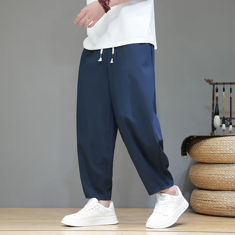 2025爆款新品冰丝裤子男士夏季休闲薄款中国风宽松阔腿大码九分裤