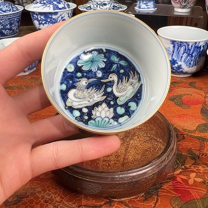 陶杯子元煦窑描金鸳鸯直口杯