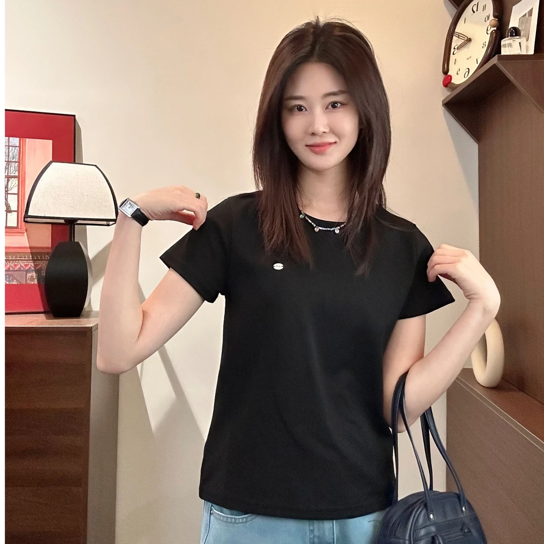 【Niche Young】休闲时尚百搭黑色黑色简约简约女款设计感T恤Y6018