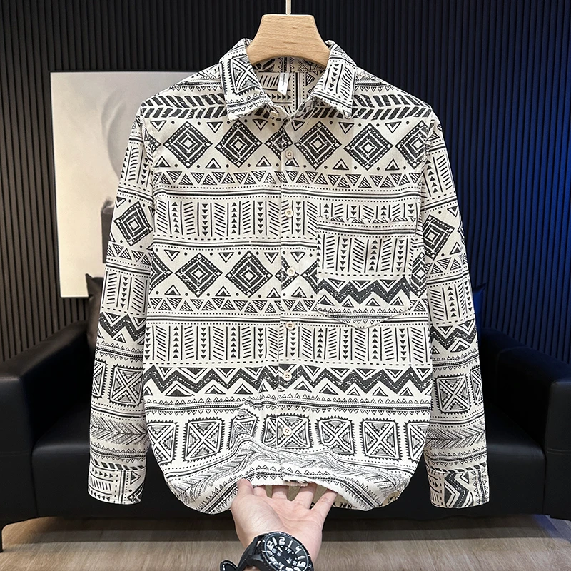 春秋季潮流印花长袖衬衫男宽松休闲日系百搭时尚翻领男装衬衣外套