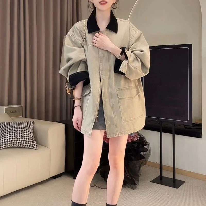 显瘦翻领气质拼接撞色外套女2025秋季新款设计感洋气减龄长袖上衣