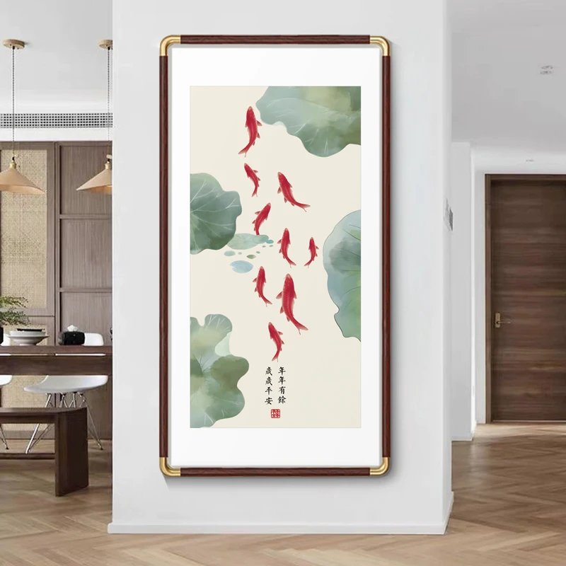 九鱼荔枝图客厅玄关装饰画走廊过道国画现代简约挂画烫金墨工艺画