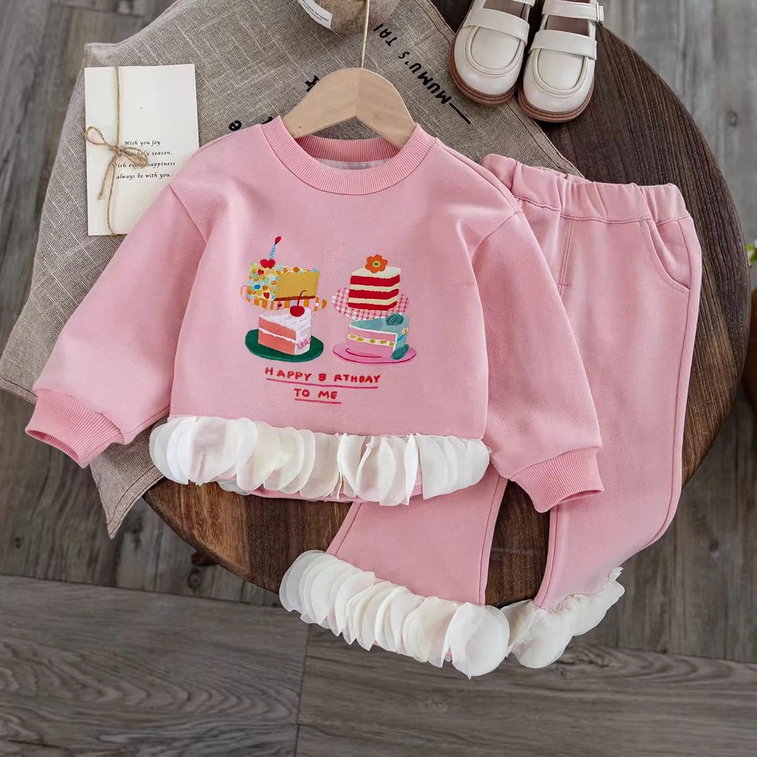 6211圆领卡通卫衣花边长裤套装春秋新款公主风宝宝洋气两件套