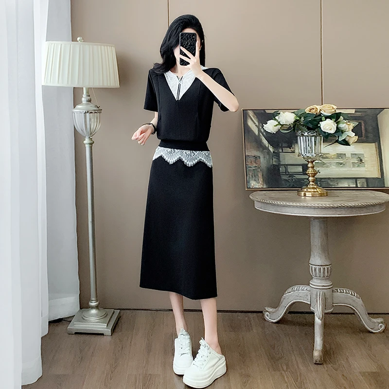 韩版穿搭休闲时尚套装裙女夏款蕾丝拼接短袖上衣半身裙两件套