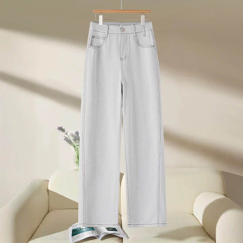 灰白色天丝阔腿牛仔裤女2025春夏新款高腰宽松显瘦休闲窄版直筒裤