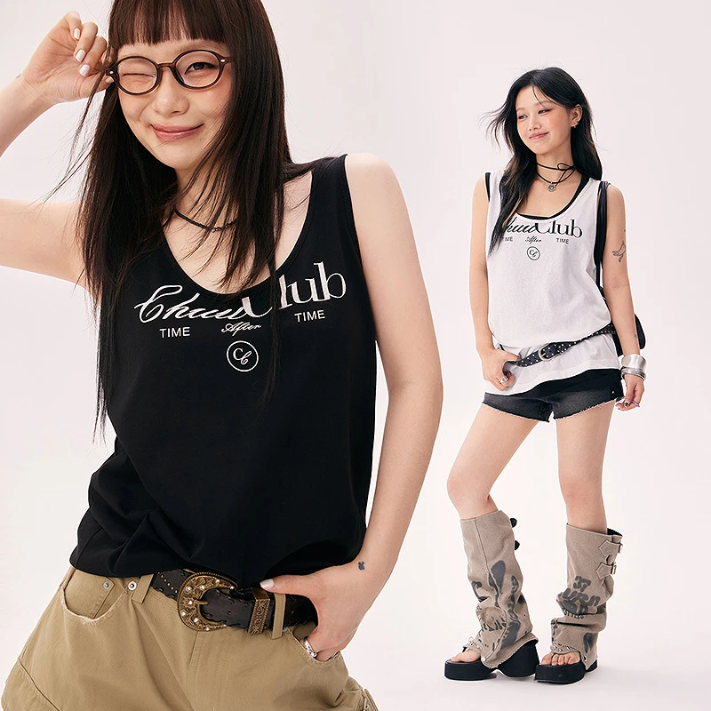 【23】CHUU字母印花宽松中长款U型领潮酷风百搭套头背心FHSE002J