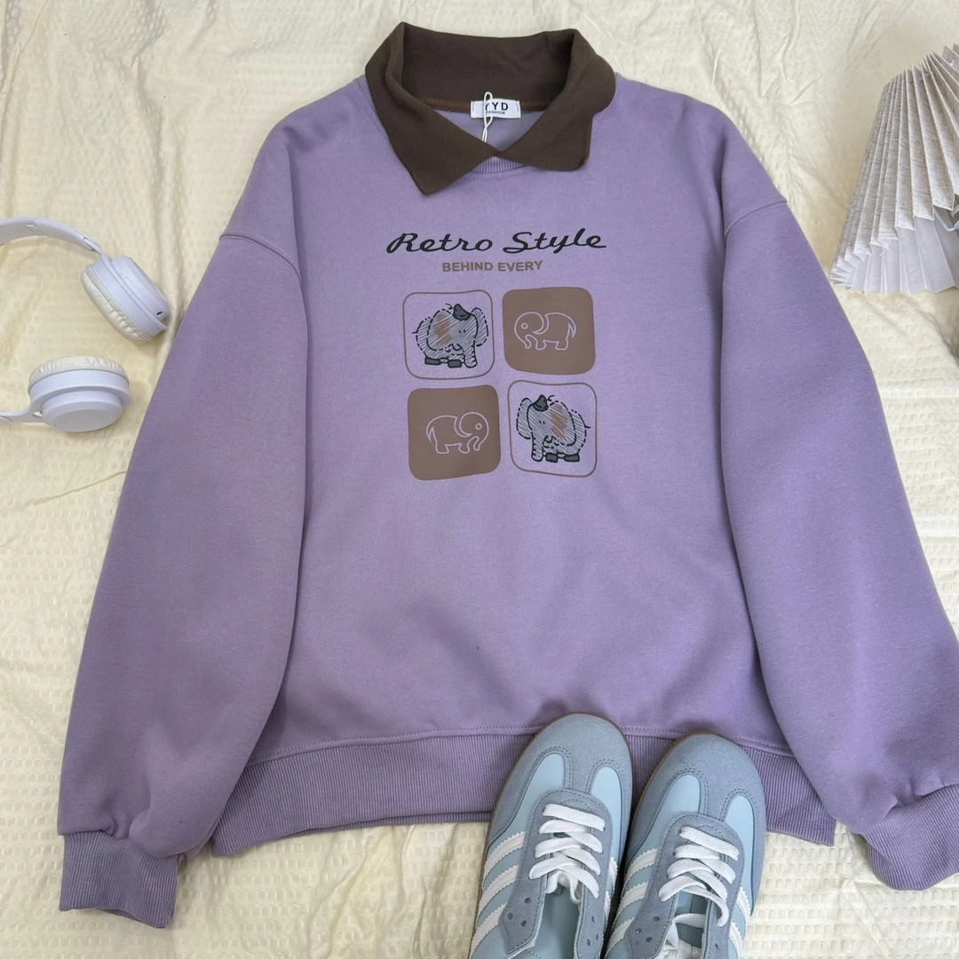 3900春季新款polo领大象紫色撞色宽松显瘦长袖卫衣