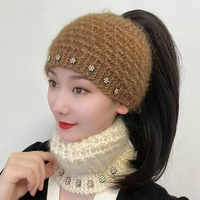 秋冬毛线帽子女保暖头巾包头帽头套女针织帽护额遮白发带帽D