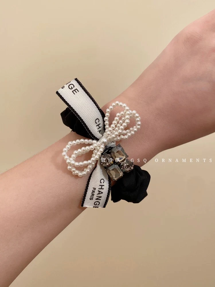 精致珍珠蝴蝶结发圈女法式优雅小香风马尾头绳气质丸子头发绳发饰