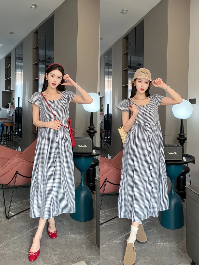 孕妇装2025夏季孕妇装单排扣棉质格纹气质温柔减龄连衣裙