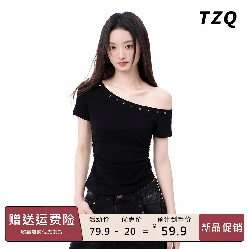 不规则黑色短款重工柳丁斜肩短袖t恤女夏季设计感上衣TZQ2561838
