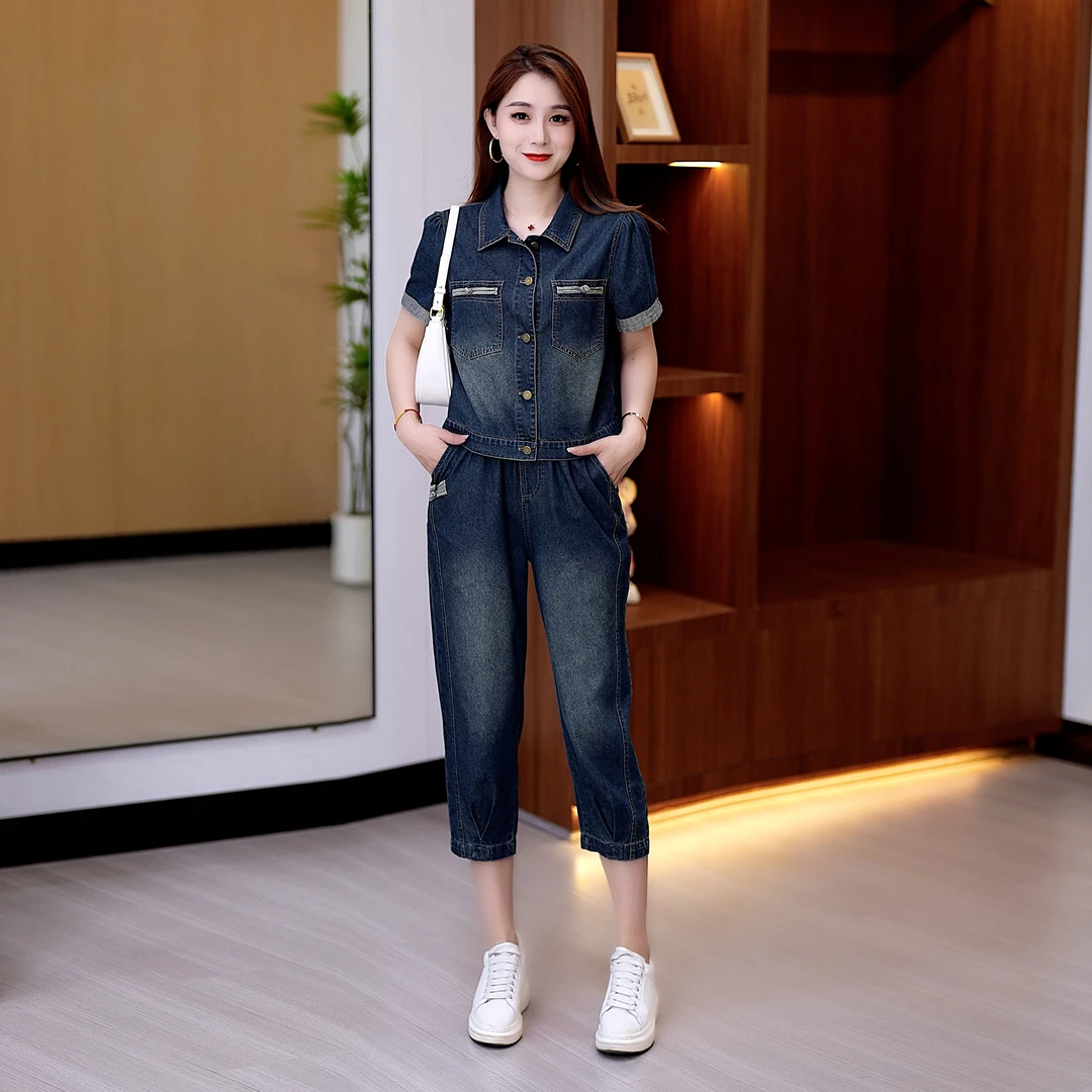 2025夏季新款高端牛仔七分裤套装小个子港风复古气质减龄两件套女