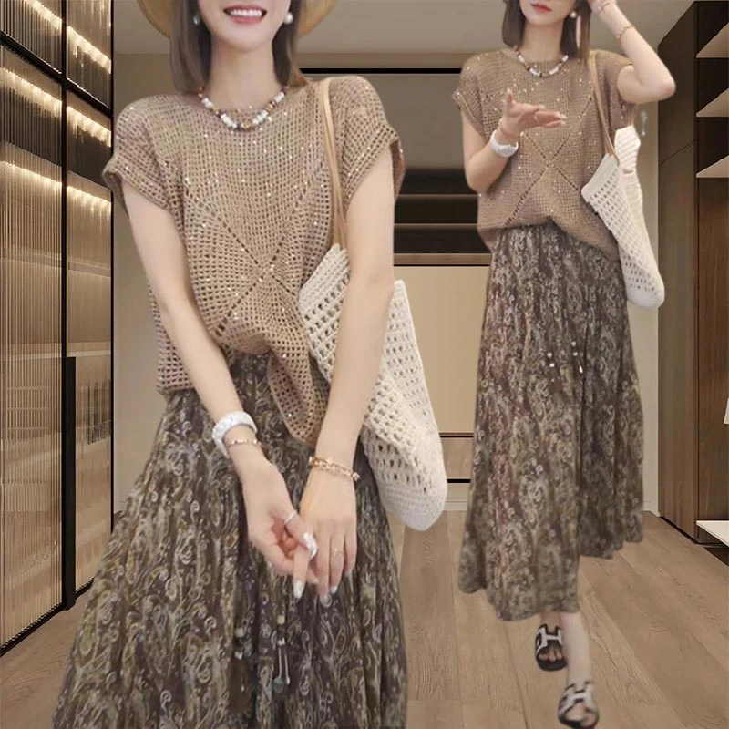 气质温柔套装女爆款2025夏季新款上衣半身裙两件套小个子时髦穿搭