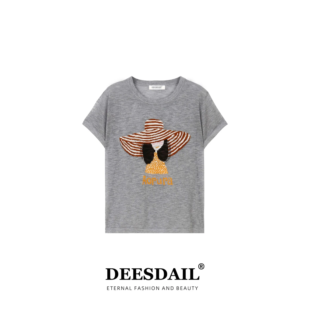 DEESDAIL设计师提花圆领灰色上衣气质显瘦百搭短袖t恤女新款Y251