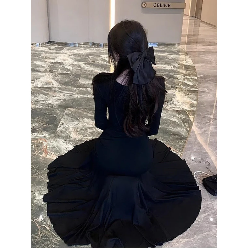 步步生莲裙子女夏款黑色气质修身包臀鱼尾长裙高个子显身材连衣裙