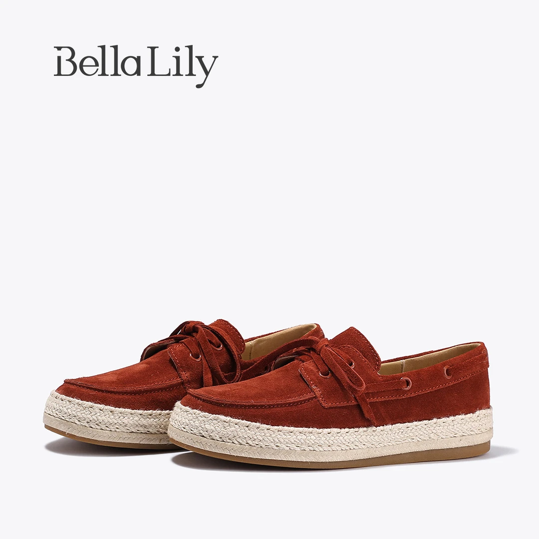 BellaLily2025秋季新款复古红绒面牛皮渔夫鞋女一脚蹬乐福鞋单鞋