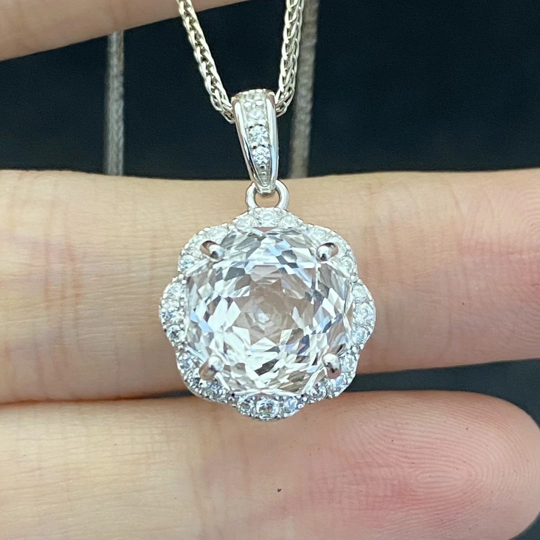 玫瑰花切工天然白水晶吊坠s925银 主石10mm轻奢精致时尚百搭Y2