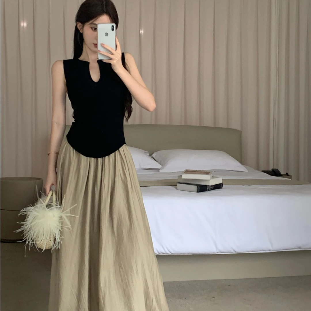 包边V领设计背心显瘦U型下摆弧形针织弹力上衣两件套