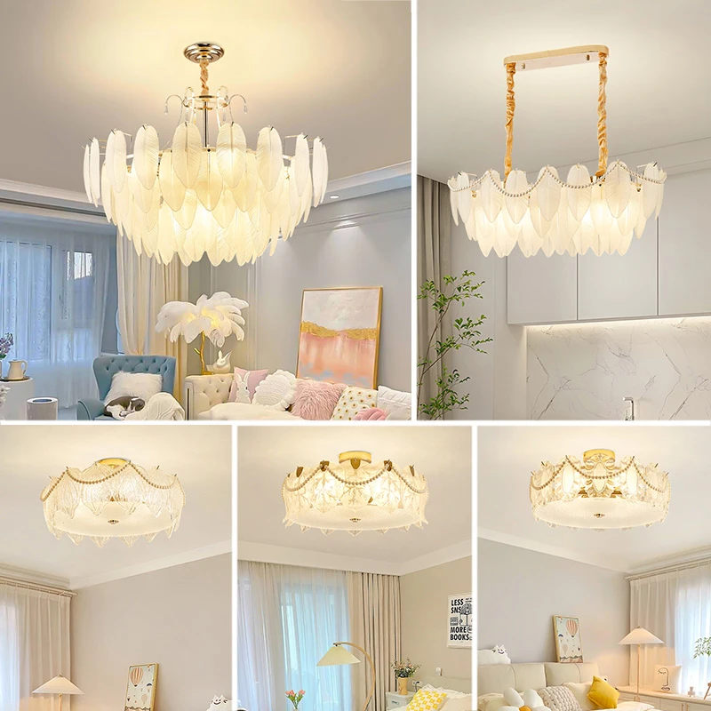 法式奶油风2024年款新客厅吊灯轻奢羽毛现代简约客厅灯饰品牌厂家