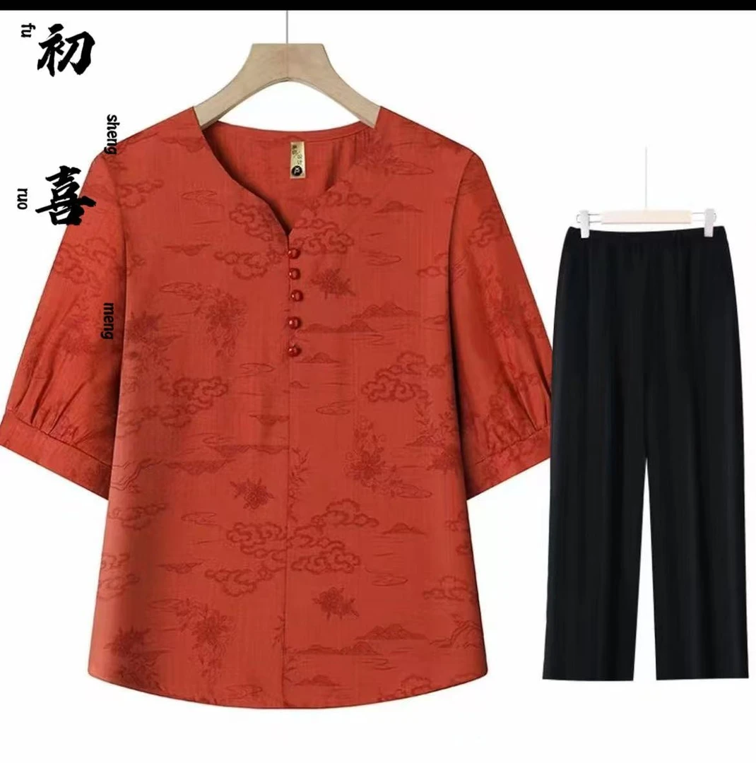 洋气妈妈夏装两件套民族风中老年女装大码中式衬衫丁恤衫裤子套装
