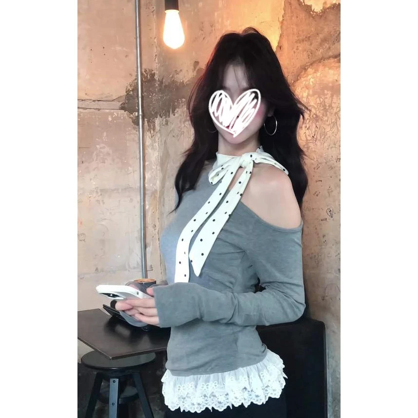 艺等斜领露肩蝴蝶结绑带挂脖长袖T恤女蕾丝边拼接边斜肩别致上衣