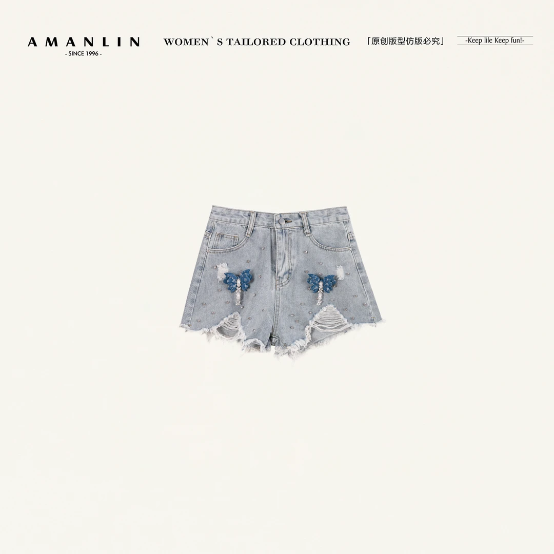 AMANLIN/阿谩琳欧若风刺绣休闲高腰显瘦百搭修身牛仔短裤Y599131
