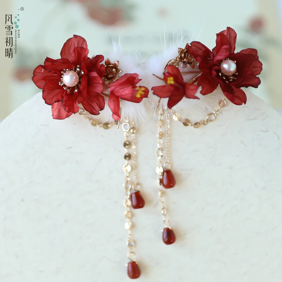 风雪初晴时运渐发夹【蛇年新款】手工汉服百搭超仙复古红色发簪子