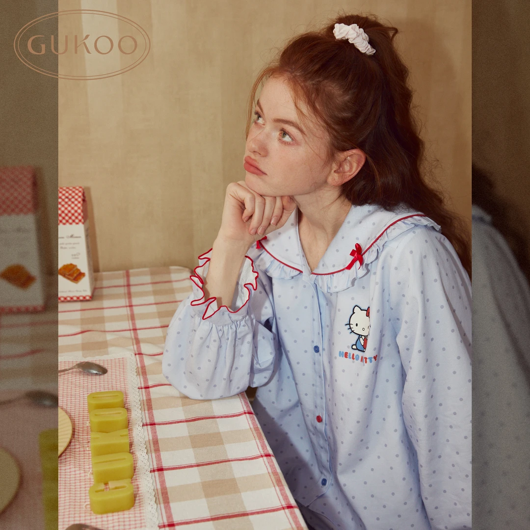 Gukoo/果壳hellokitty系列蓝色长袖家居服套装春季少女日系甜美