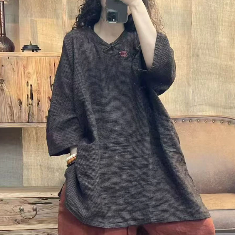 FF2025年夏炒色做旧亚麻手工刺绣彩色盘扣中长款千鸟格上衣女