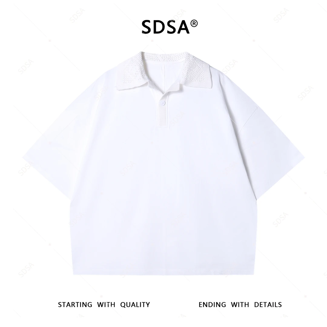 夏季高级感新款男士简约纯色拼接针织纽扣polo领短袖T恤百搭时尚