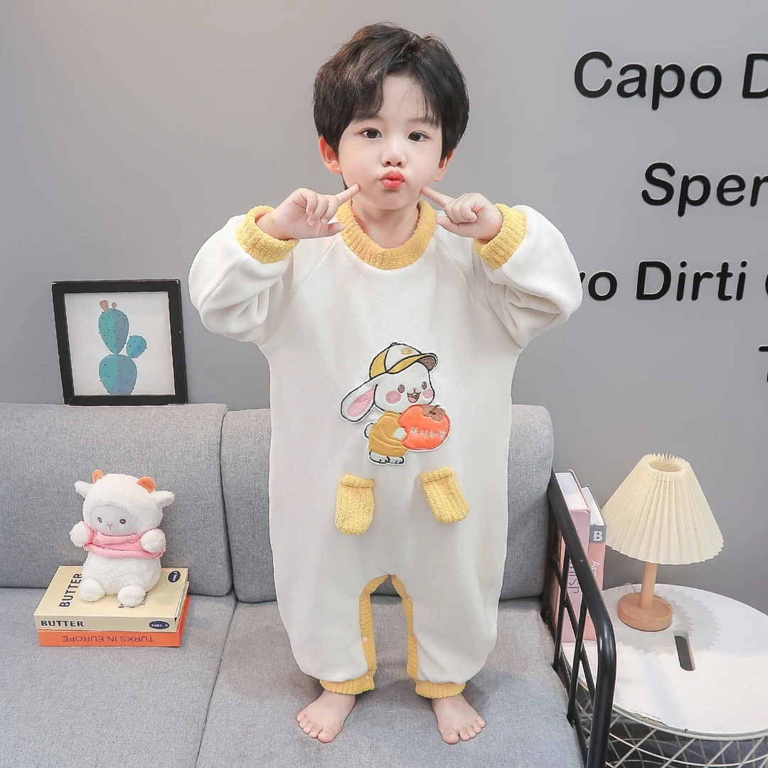 男童奥粒绒连体睡衣秋冬季加厚保暖睡袋男孩宝宝法兰绒家居服爬服